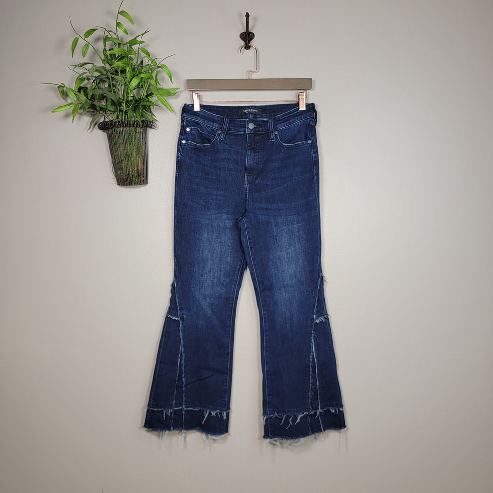 Liverpool 8 Hannah High Rise Crop Kick Flare Jeans Raw Hem Dark Indigo Blue Wash
